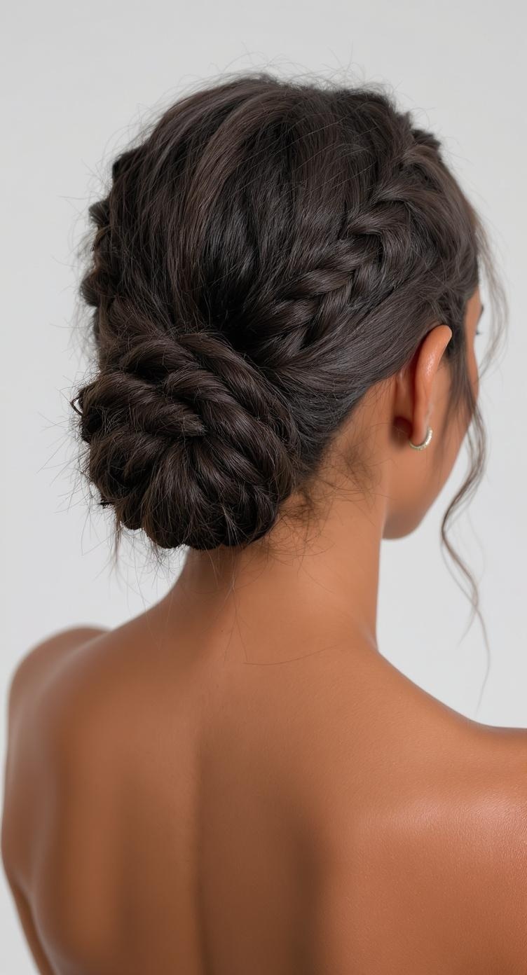 A woman with a double braided low bun hairstyle, showcasing neat braids and a stylish bun.