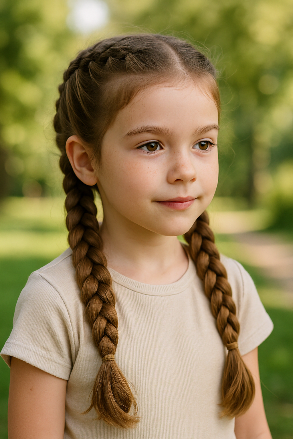 A young girl with double braided pigtails, looking serene in a natural setting.