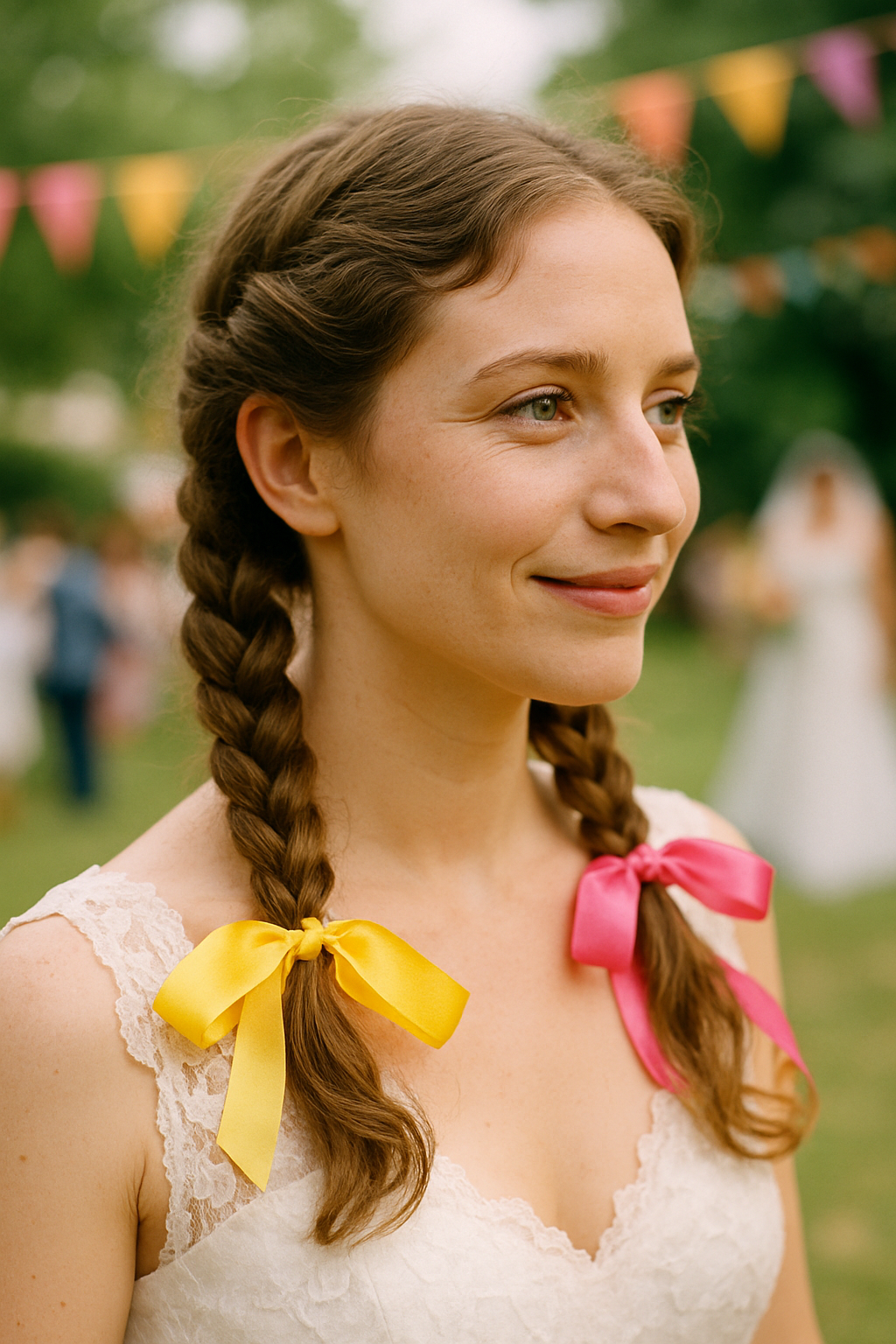 A woman with double braided ponytails adorned with yellow and pink ribbons, smiling at a wedding.