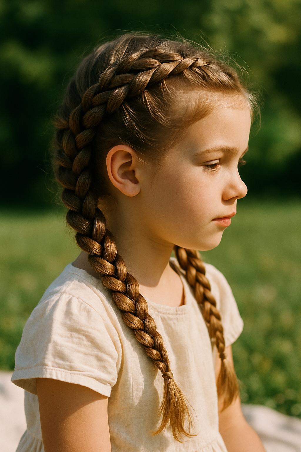 A girl with double braids, showcasing a neat hairstyle in a natural setting.