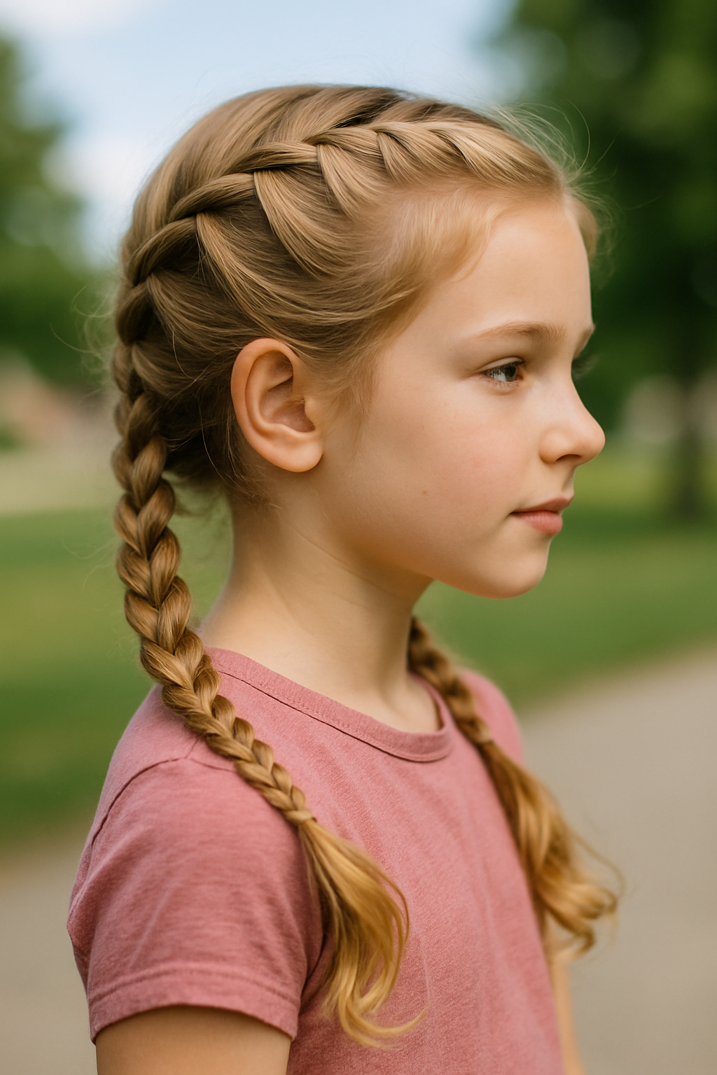 A young girl with double braids, showcasing a neat hairstyle perfect for school.