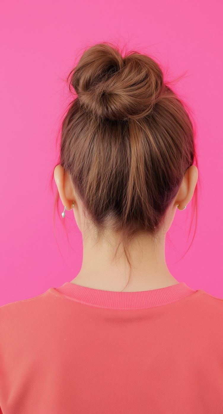 A person with two high buns hairstyle, set against a bright pink background.