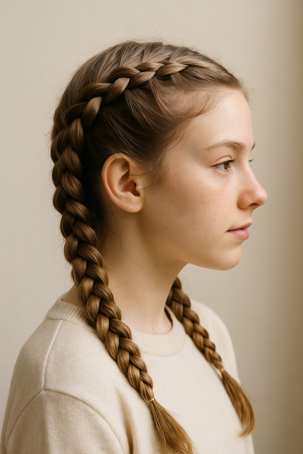 A girl with double Dutch braids, showcasing a neat hairstyle perfect for picture day.