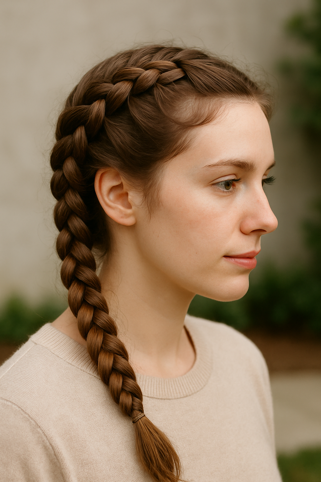 A young person with double Dutch braids styled neatly.