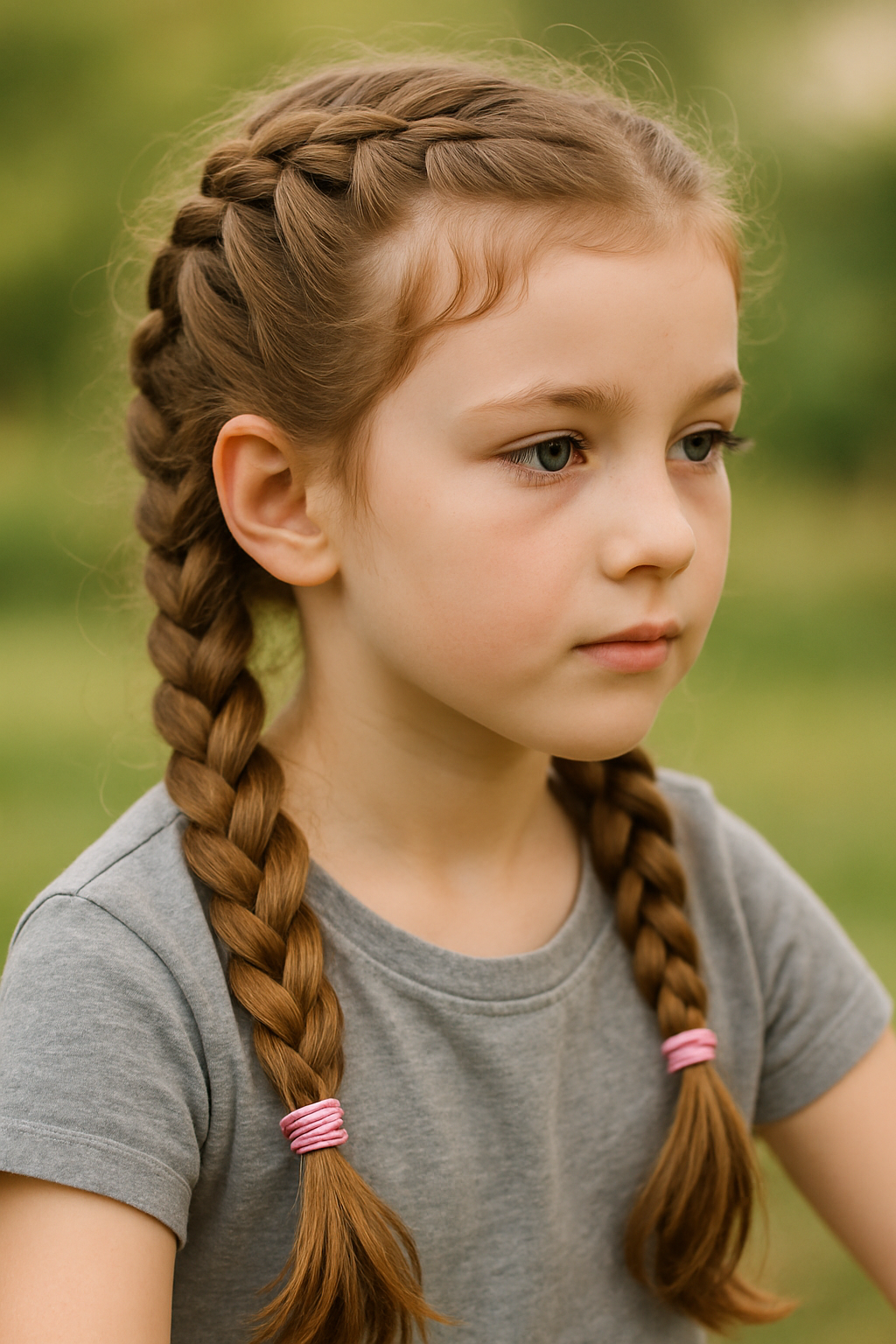 A young girl with double Dutch braids secured with pink hair ties.