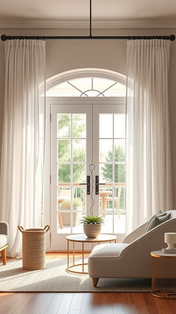A living room with patio doors, featuring double curtain rods and sheer white curtains.