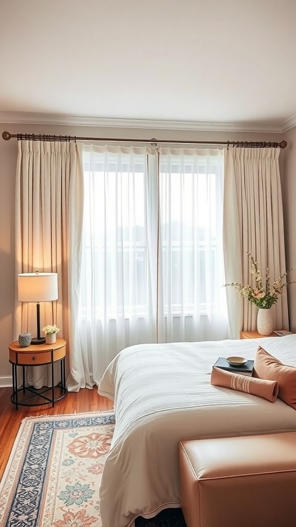 A cozy bedroom with double curtain rods featuring sheer and heavier curtains, a bedside lamp, and a decorative rug.