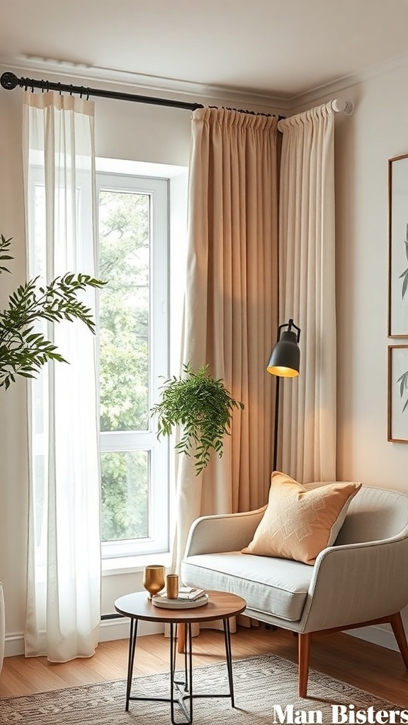 A cozy corner with a window featuring double curtain rods, showcasing sheer and solid curtains.