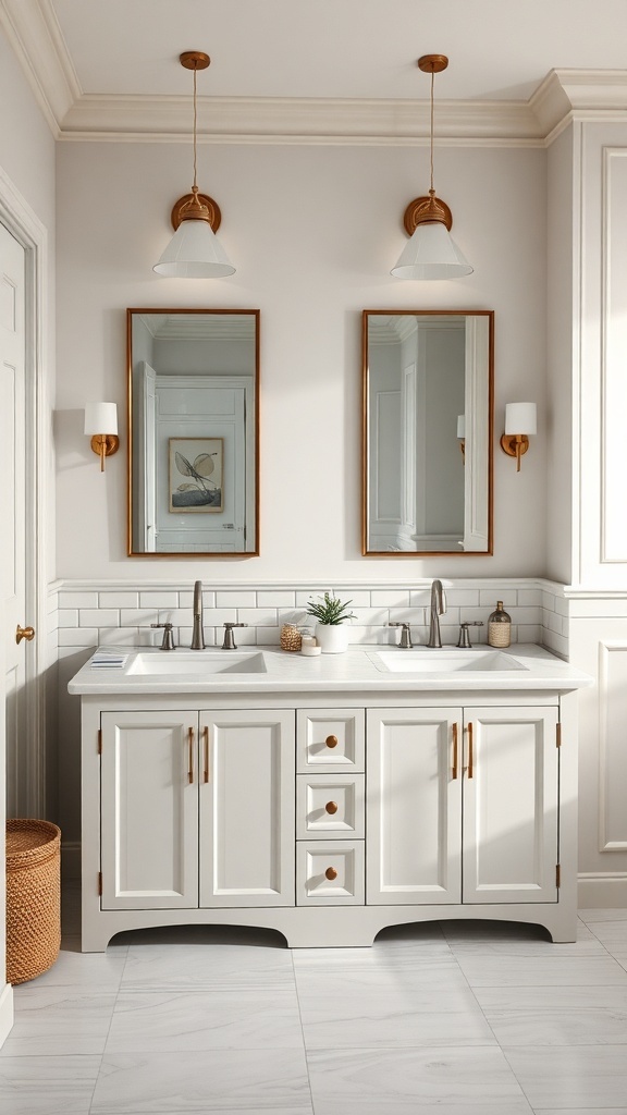 A stylish double sink vanity in a bathroom with white cabinetry, modern faucets, and warm lighting.
