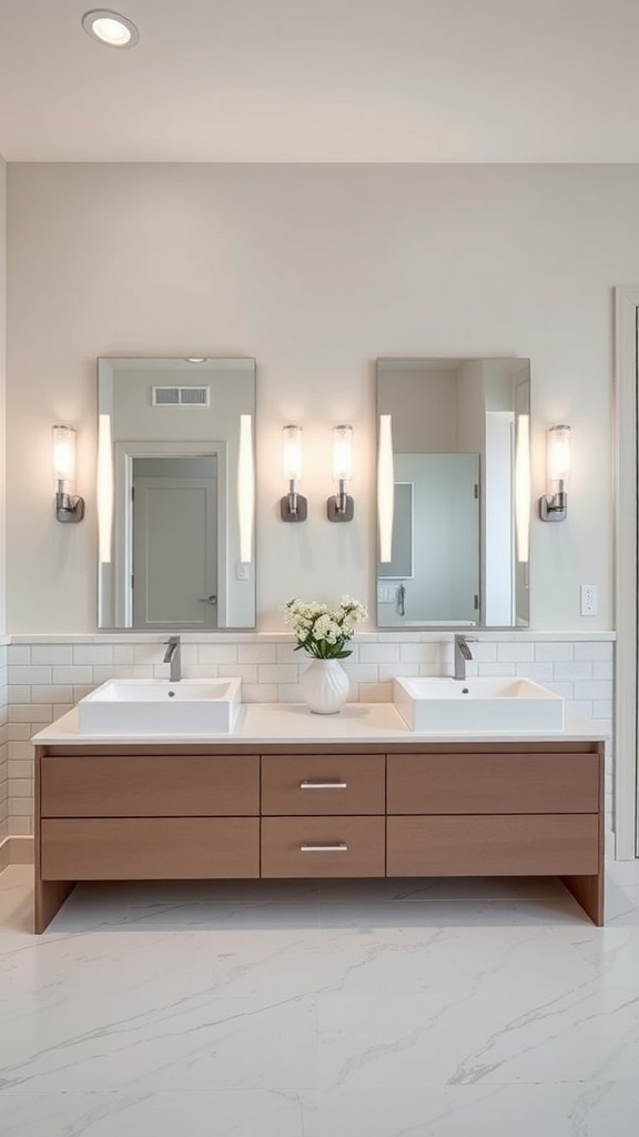 Modern double vanity design with vessel sinks and stylish mirrors in a luxury master bathroom.