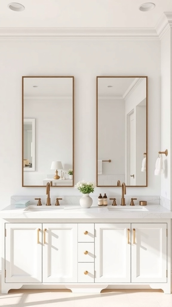 A modern bathroom featuring a double vanity with two tall mirrors, white cabinetry, and gold fixtures.