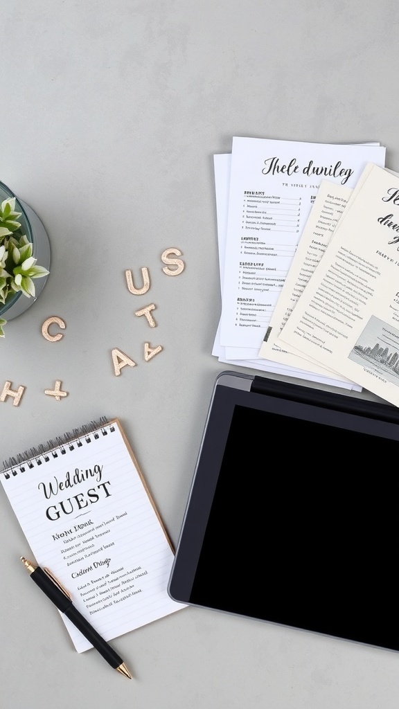 Wedding planning materials including a guest list notepad, printed papers, and a tablet