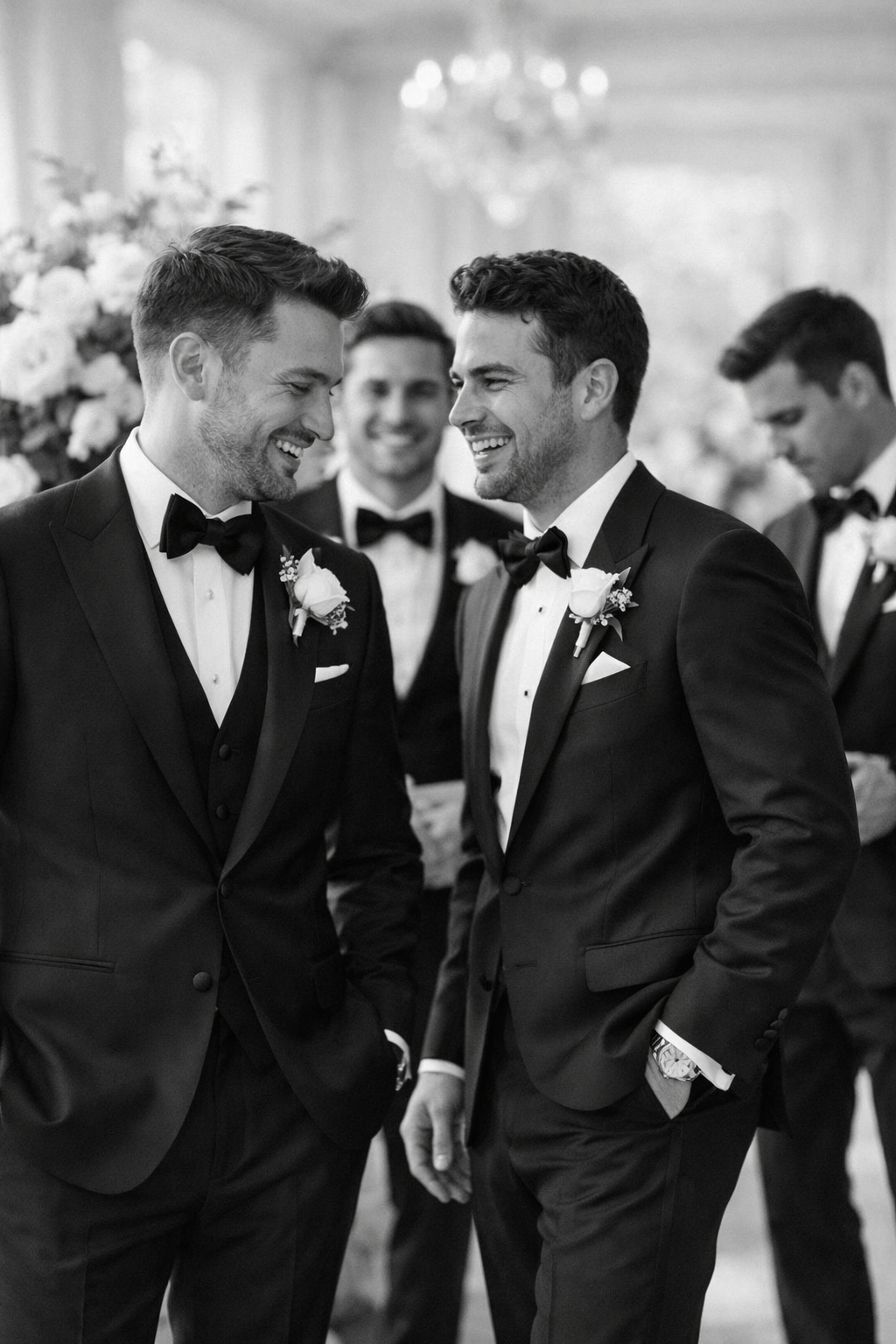 Groomsmen laughing and enjoying time together, captured in black and white photography.
