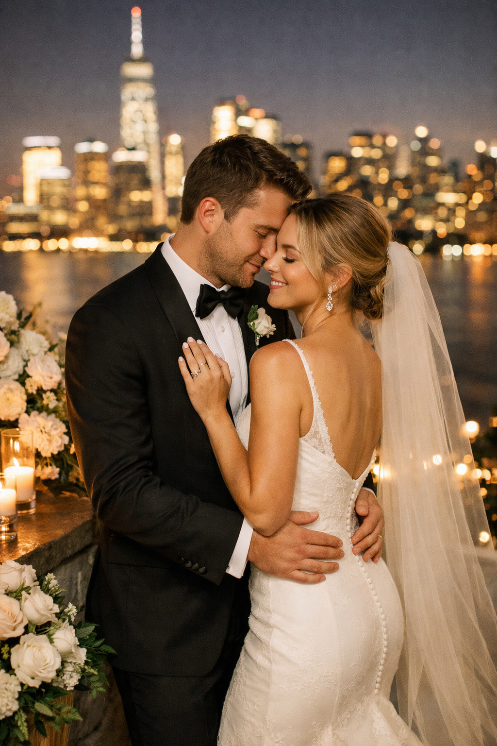 A couple in formal attire embracing with a city skyline illuminated at night in the background.