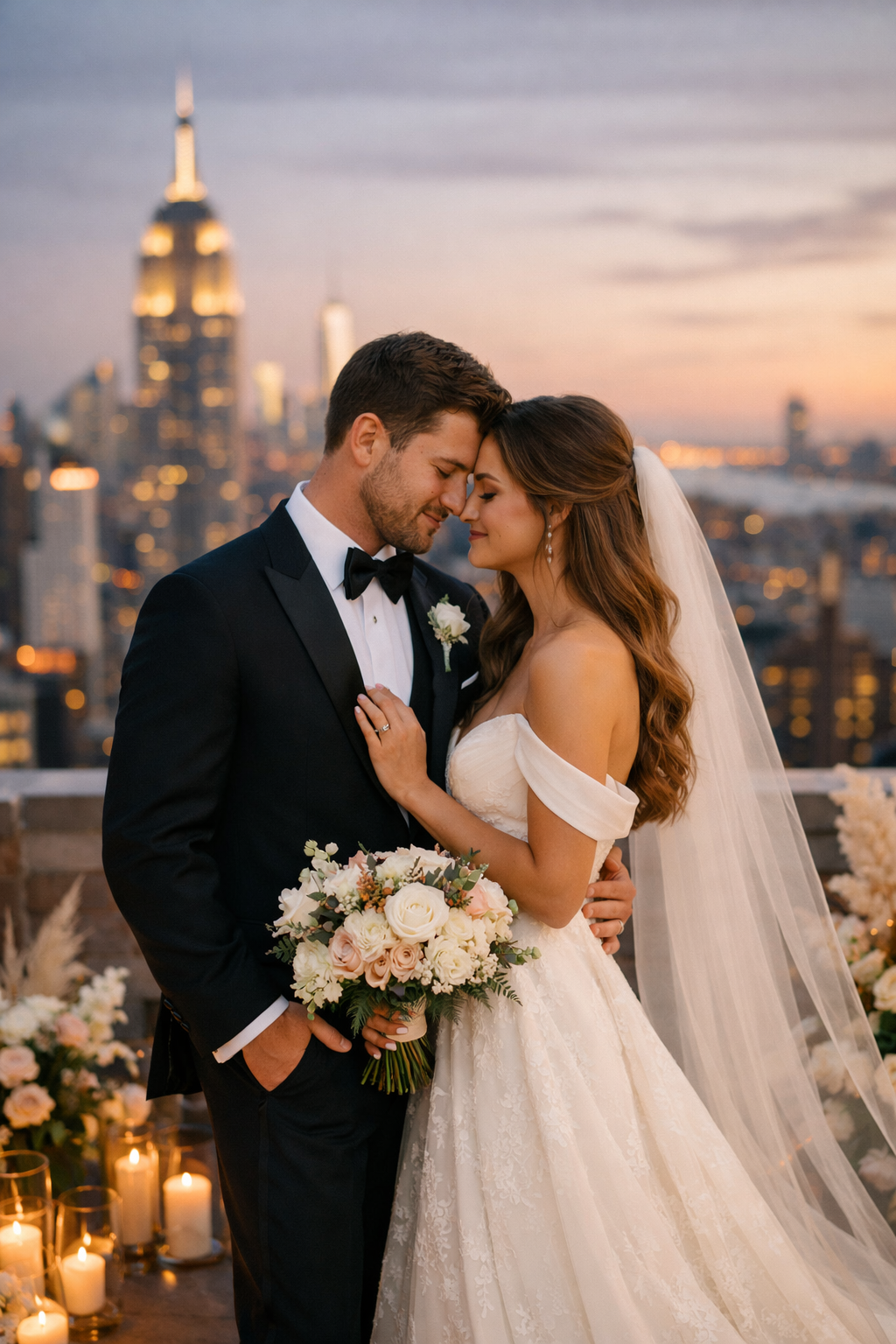 A couple embracing in formal attire against a city skyline during sunset.
