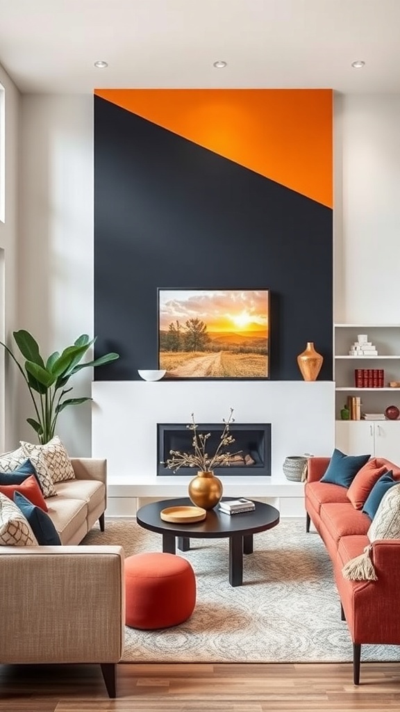 A living room featuring a dramatic color block accent wall with navy blue and orange.
