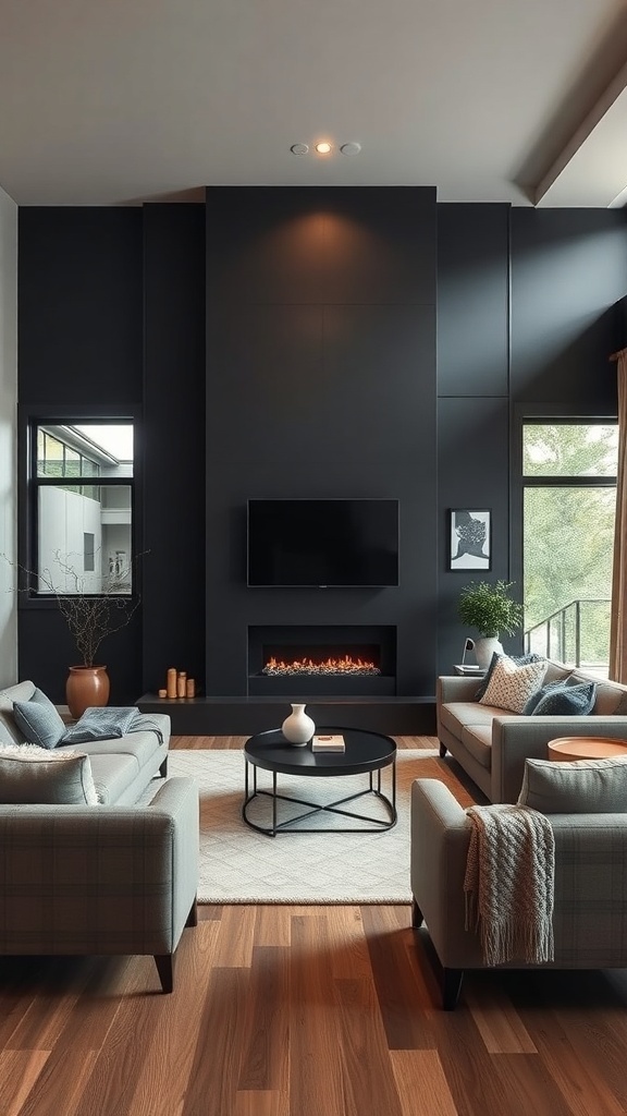 Living room with a dramatic black feature wall, gray sofas, and a modern fireplace.