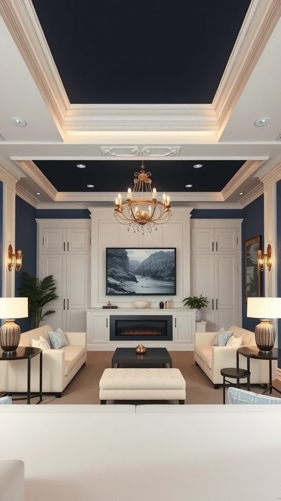 Living room with a dramatic dark blue tray ceiling and elegant decor.