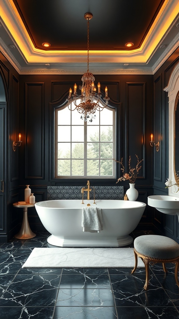 A luxurious bathroom featuring dramatic dark tones with a white bathtub, chandelier, and marble flooring.