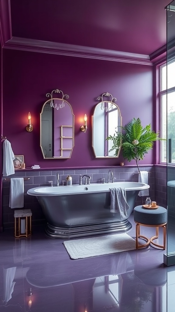 A luxurious bathroom featuring deep purple walls, elegant fixtures, and a potted plant.