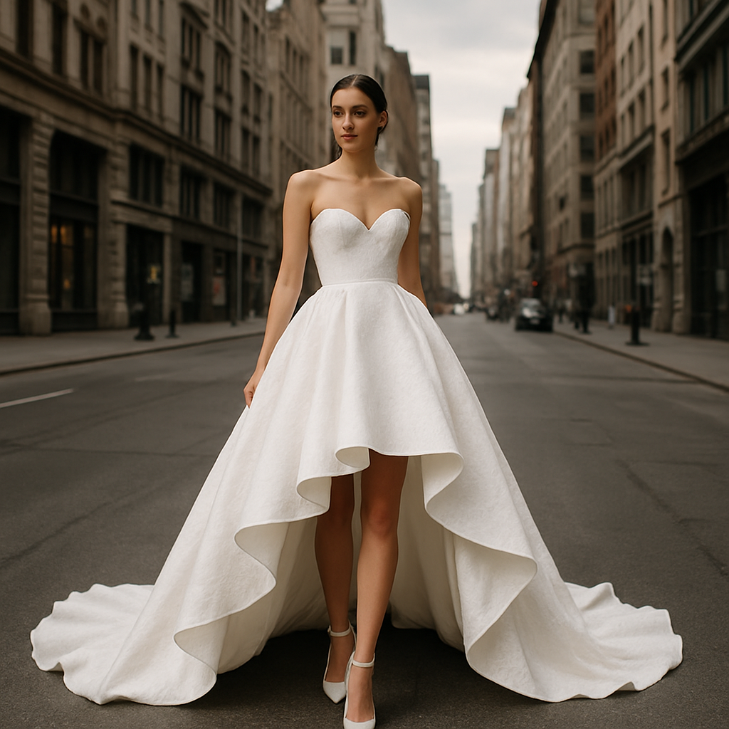 A bride in a strapless high-low hem wedding dress standing on a city street.