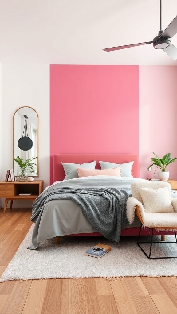 A stylish pink bedroom featuring a dramatic pink statement wall, cozy bedding, and modern decor.