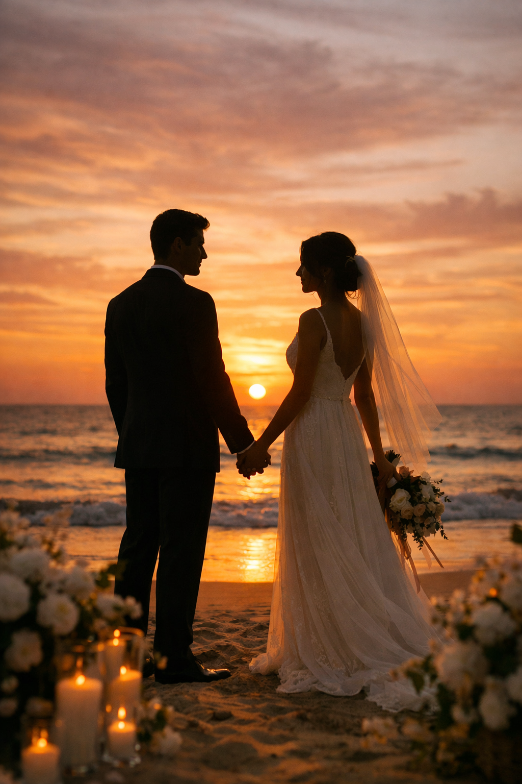 A couple standing on the beach during sunset, creating a dramatic silhouette against the colorful sky.