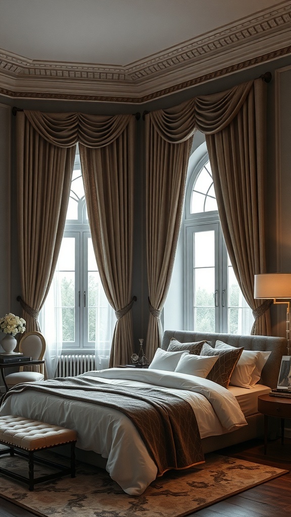 A moody romantic bedroom with elegant, dramatic window treatments framing large windows.