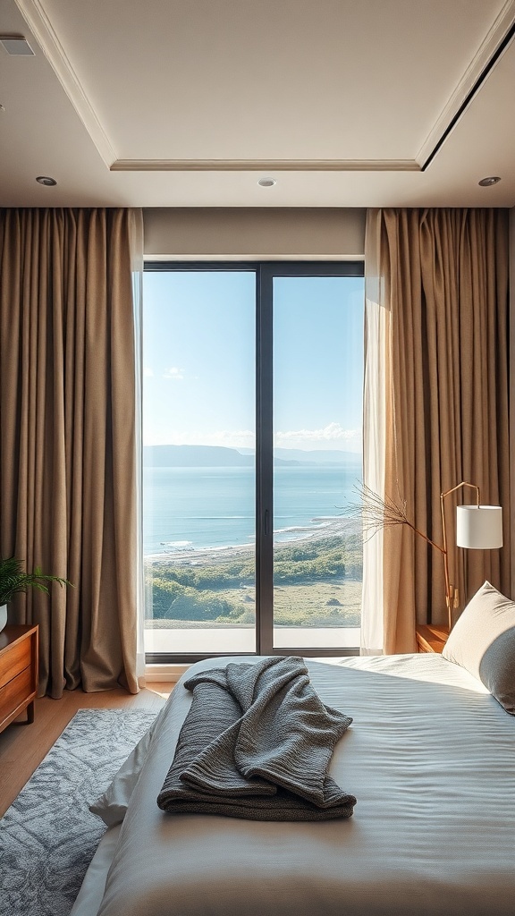 A cozy bedroom with large windows and soft, flowing curtains, overlooking a scenic view.