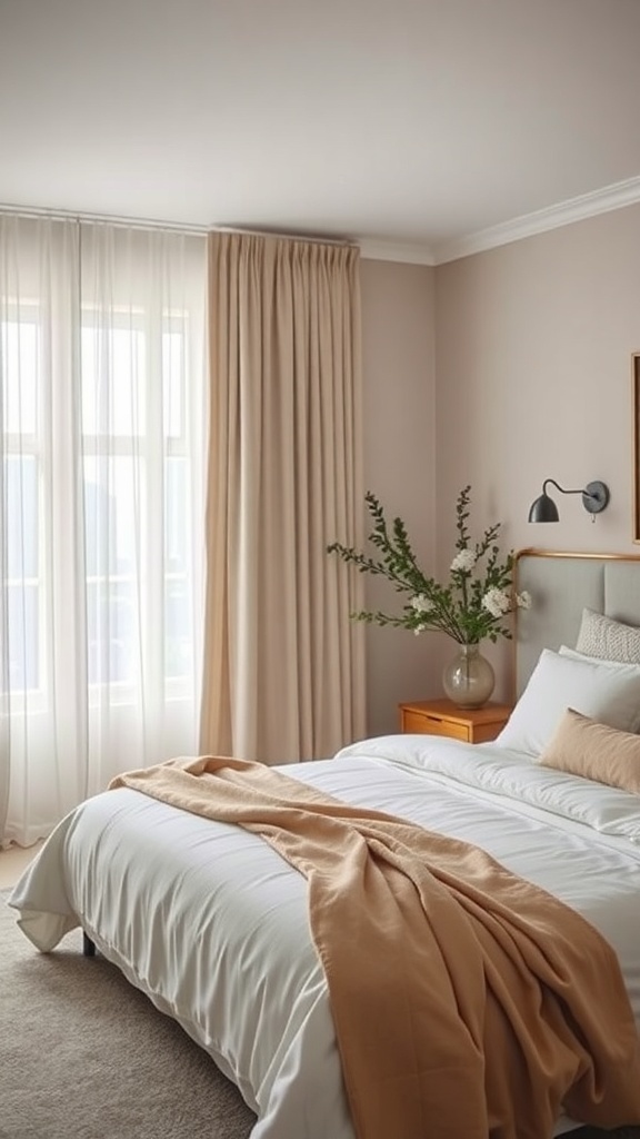 A neutral bedroom featuring soft drapery choices with sheer and beige curtains, a cozy bed, and a touch of greenery.