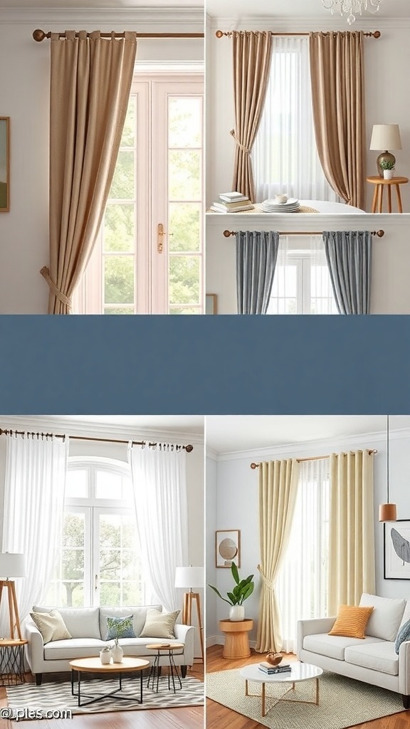 A collage of four different drapery styles featuring beige, white, blue, and golden curtains in various room settings.