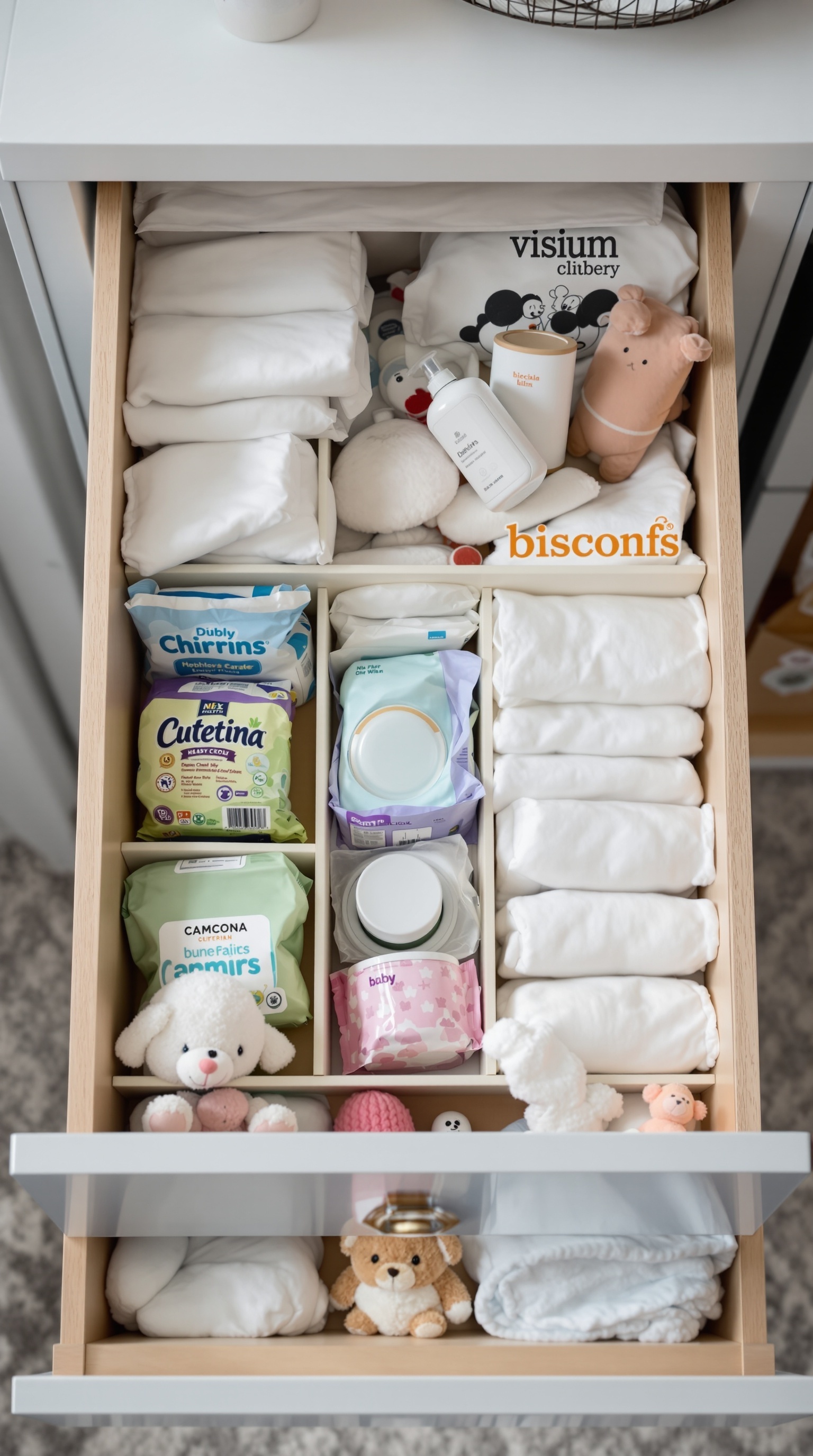 Organized drawer with baby essentials, including clothes, toiletries, and toys, separated by dividers.