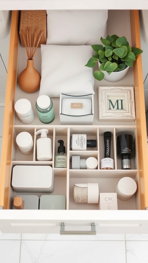 Organized bathroom drawer with skincare products and dividers