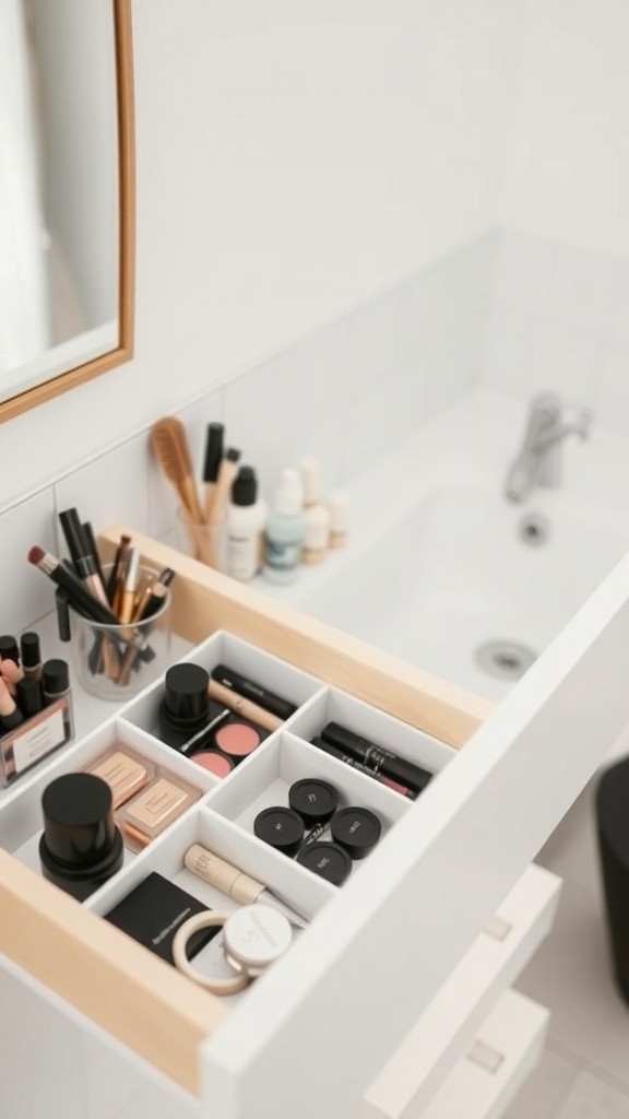 Organized bathroom drawer with dividers holding makeup and skincare products.