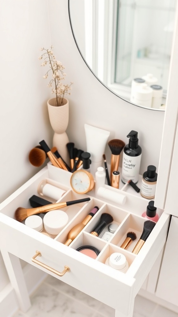Organized bathroom drawer with dividers holding beauty products and tools