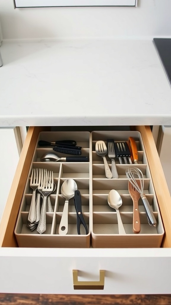A kitchen drawer with organized utensils using drawer dividers.