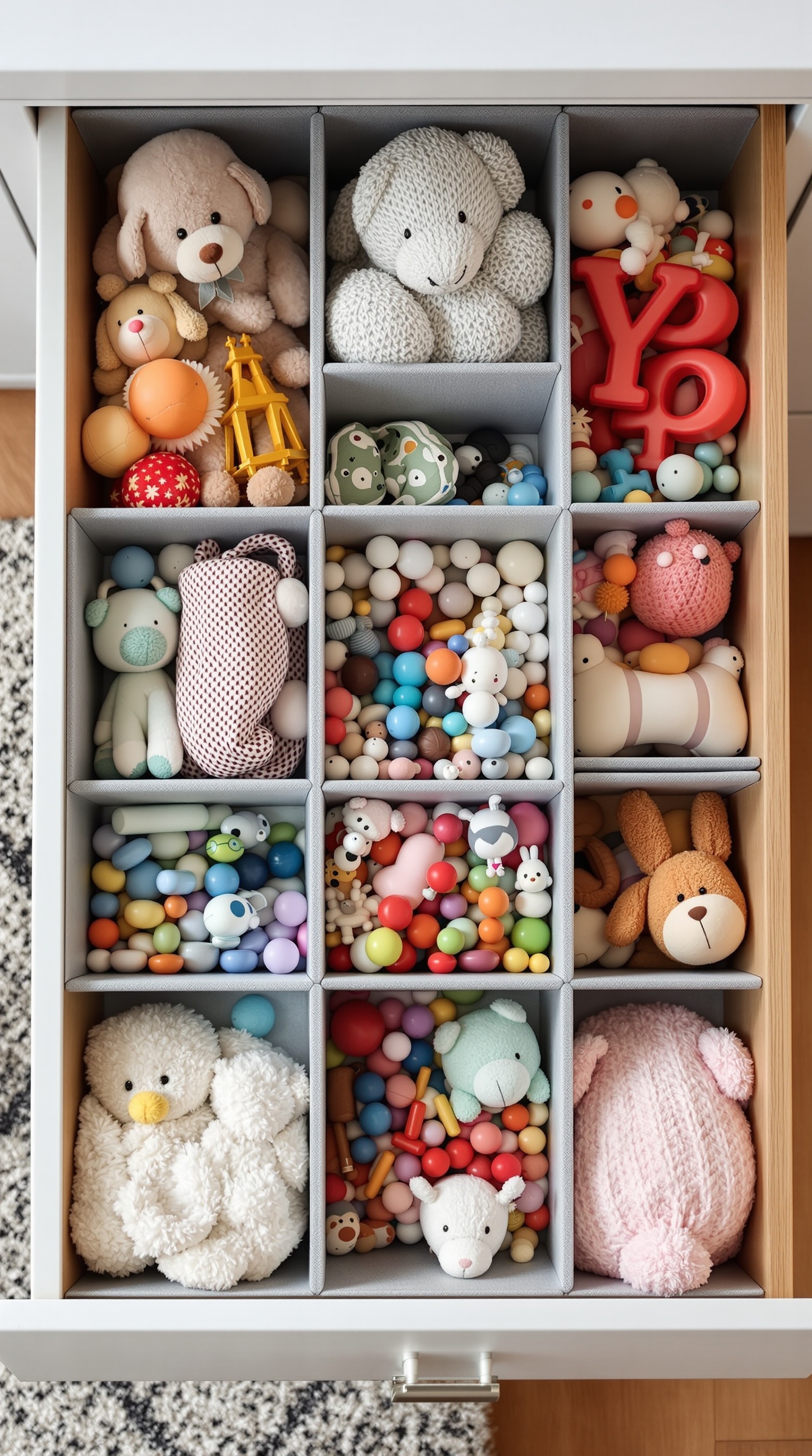 Organized drawer with plush toys and colorful small items separated by dividers.