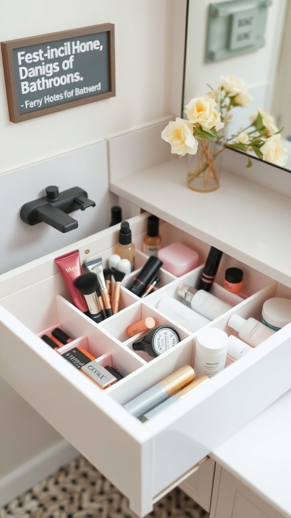 A well-organized bathroom drawer with dividers compartmentalizing various beauty products.