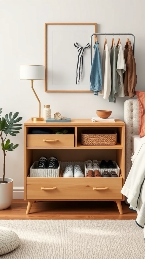 A stylish dresser with organized drawers, featuring drawer dividers for shoes and accessories.