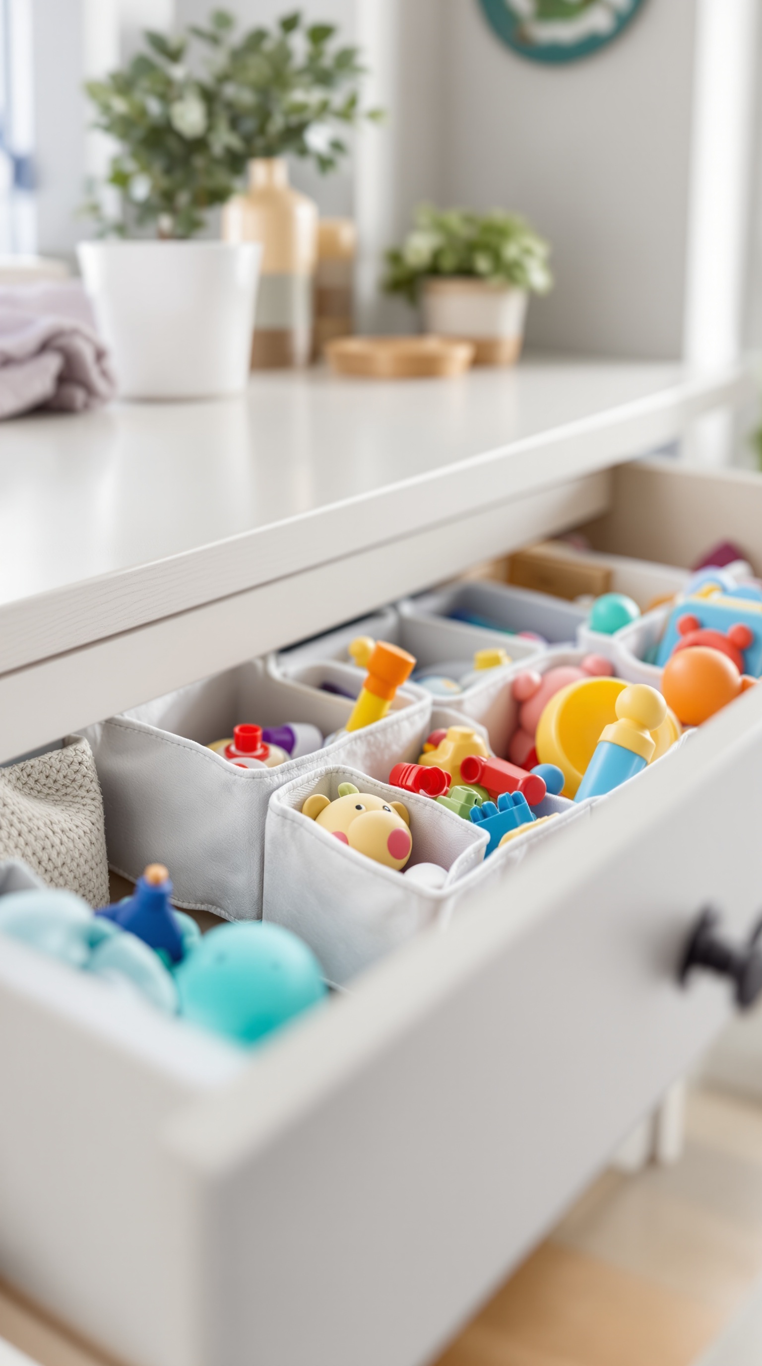 A neatly organized drawer filled with colorful small toys in fabric bins.
