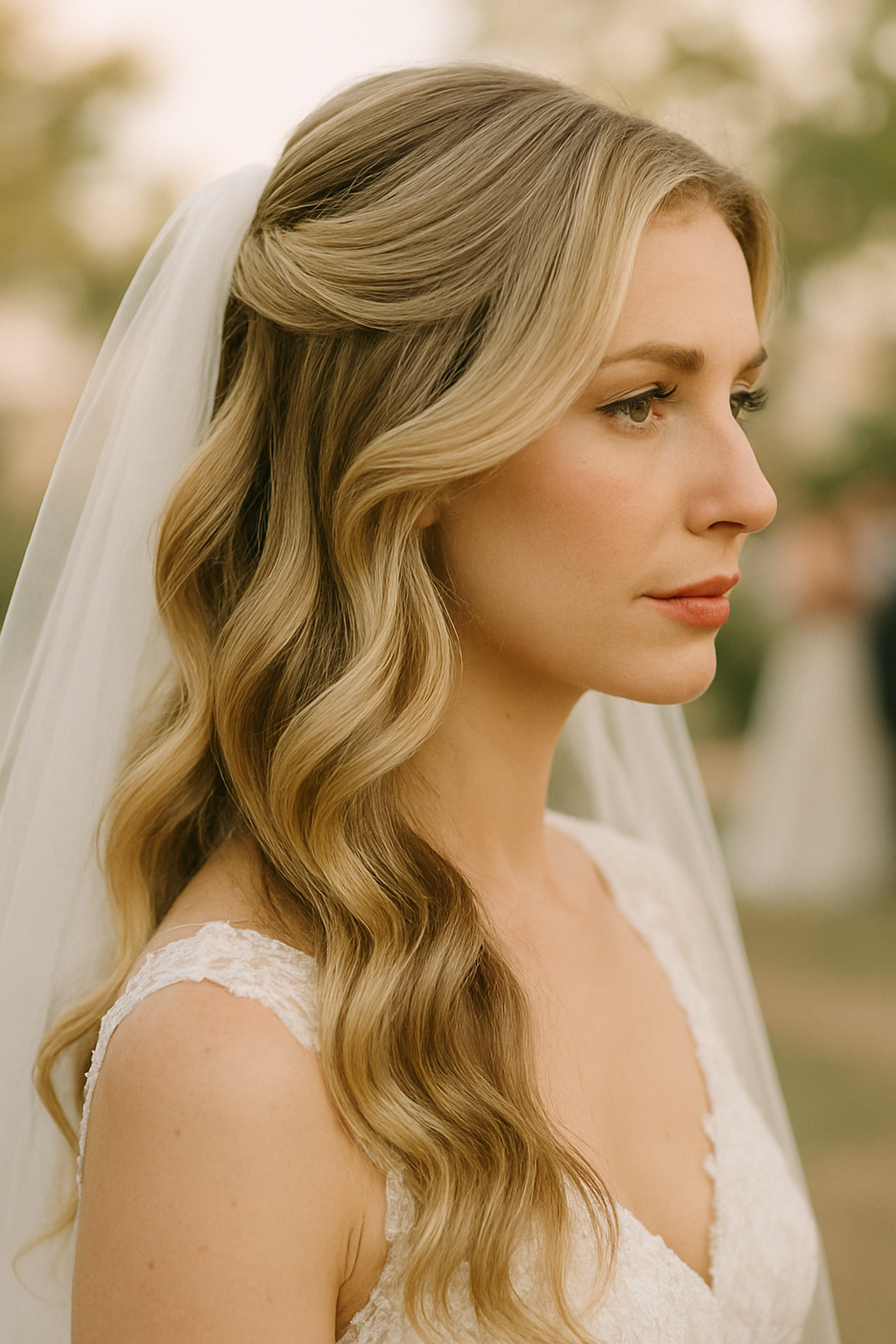 A bride with a dreadlock bun and veil, showcasing a unique wedding hairstyle.