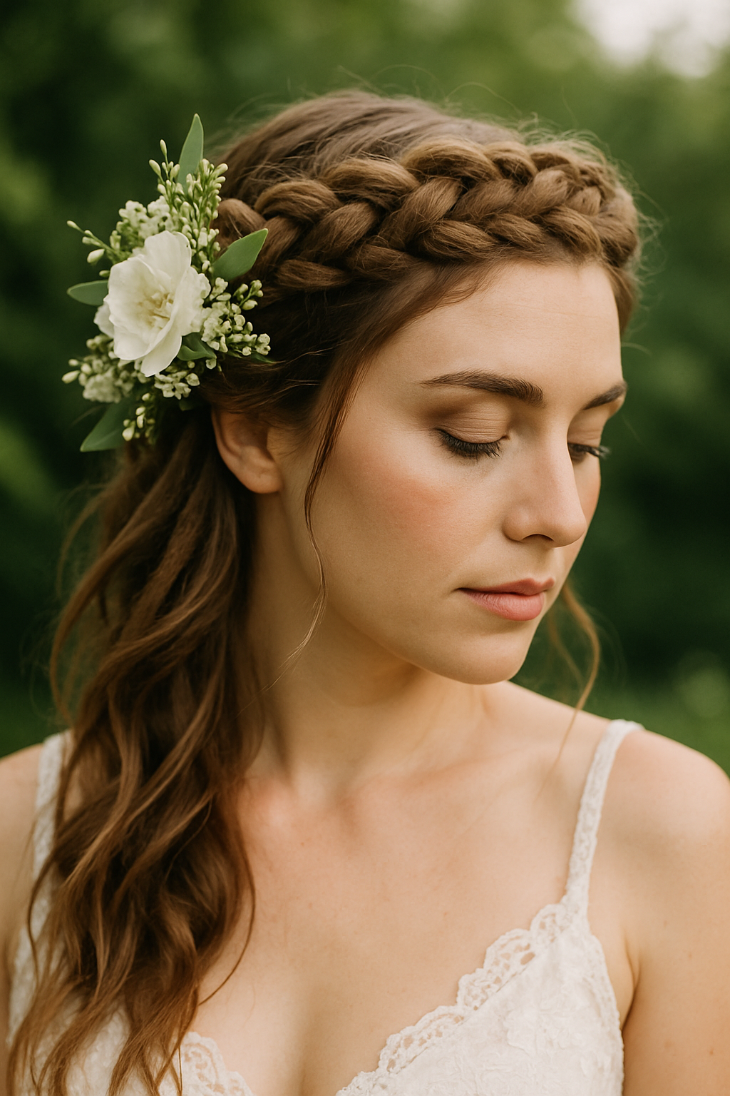 A bride with a crown braid made from dreadlocks, adorned with flowers.