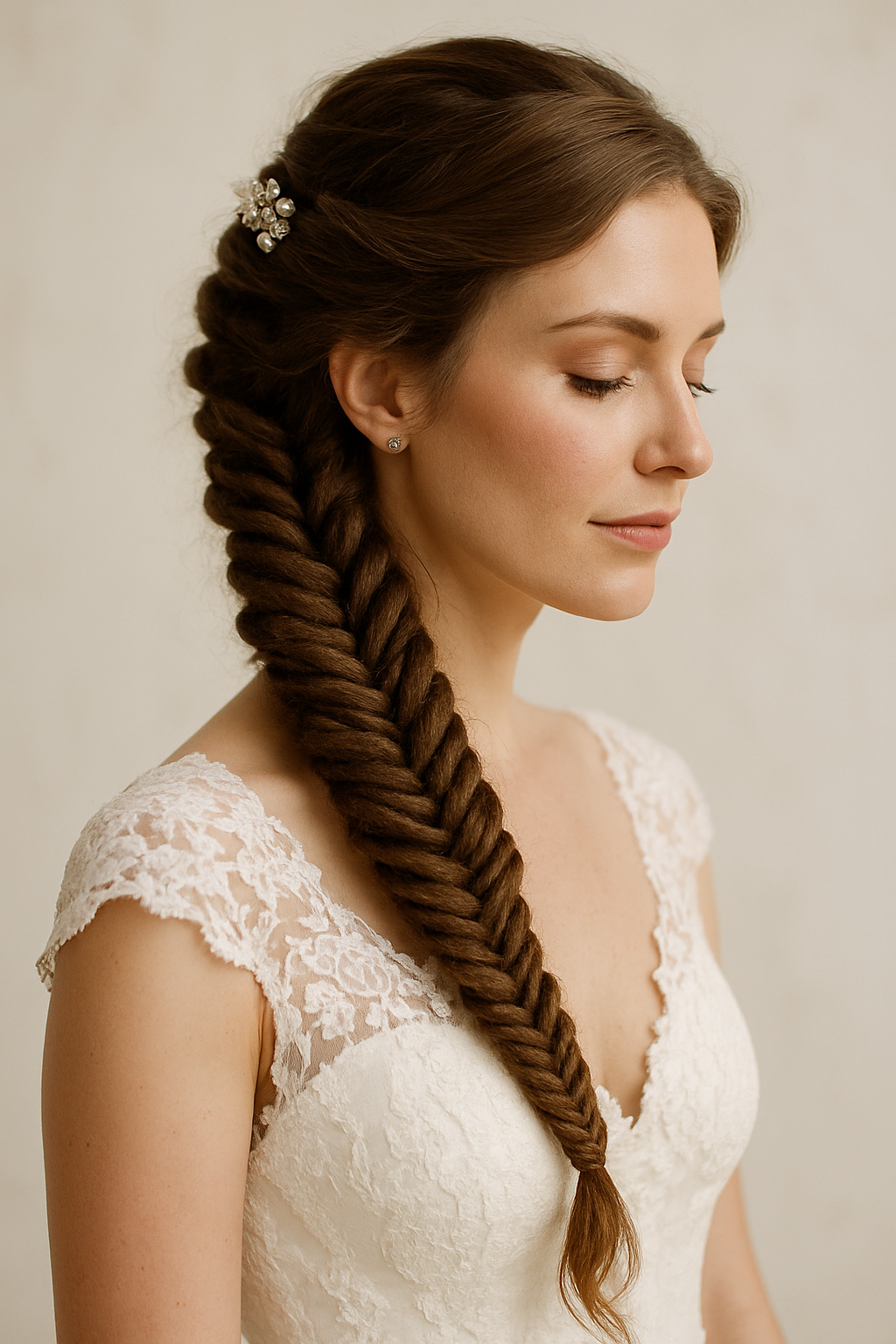 A bride with a dreadlock fishtail braid, featuring a delicate hairpiece and a lace wedding dress.
