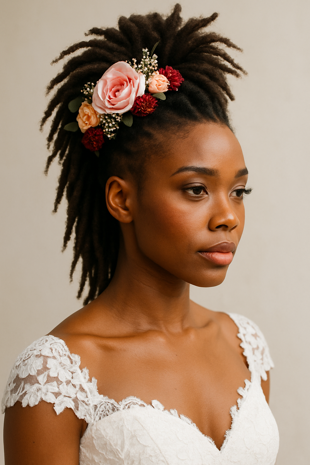 A bride with a dreadlock mohawk hairstyle adorned with floral accents, wearing a lace wedding dress.