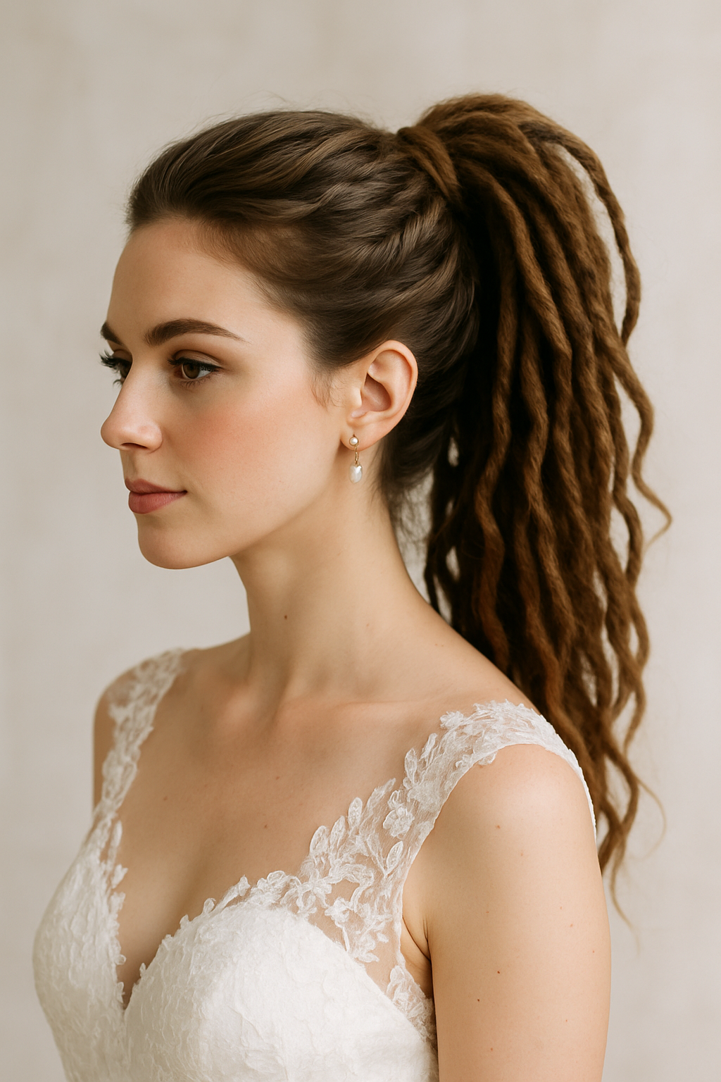 Bride with dreadlock ponytail and twists wearing a lace wedding dress