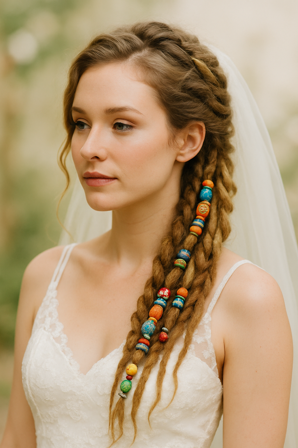 A bride with a side braid of dreadlocks adorned with colorful beads, wearing a delicate wedding dress.