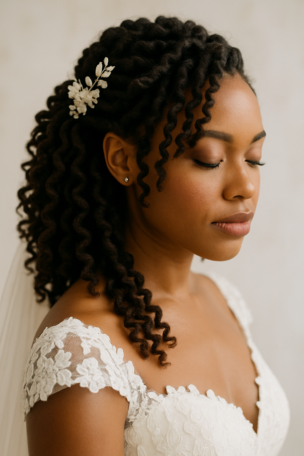 Bride with twisted dreadlocks styled elegantly for a wedding