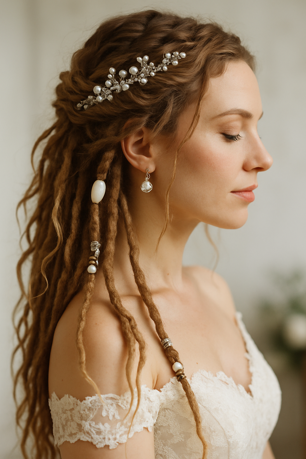 Bride with dreadlocks styled with elegant hair accessories