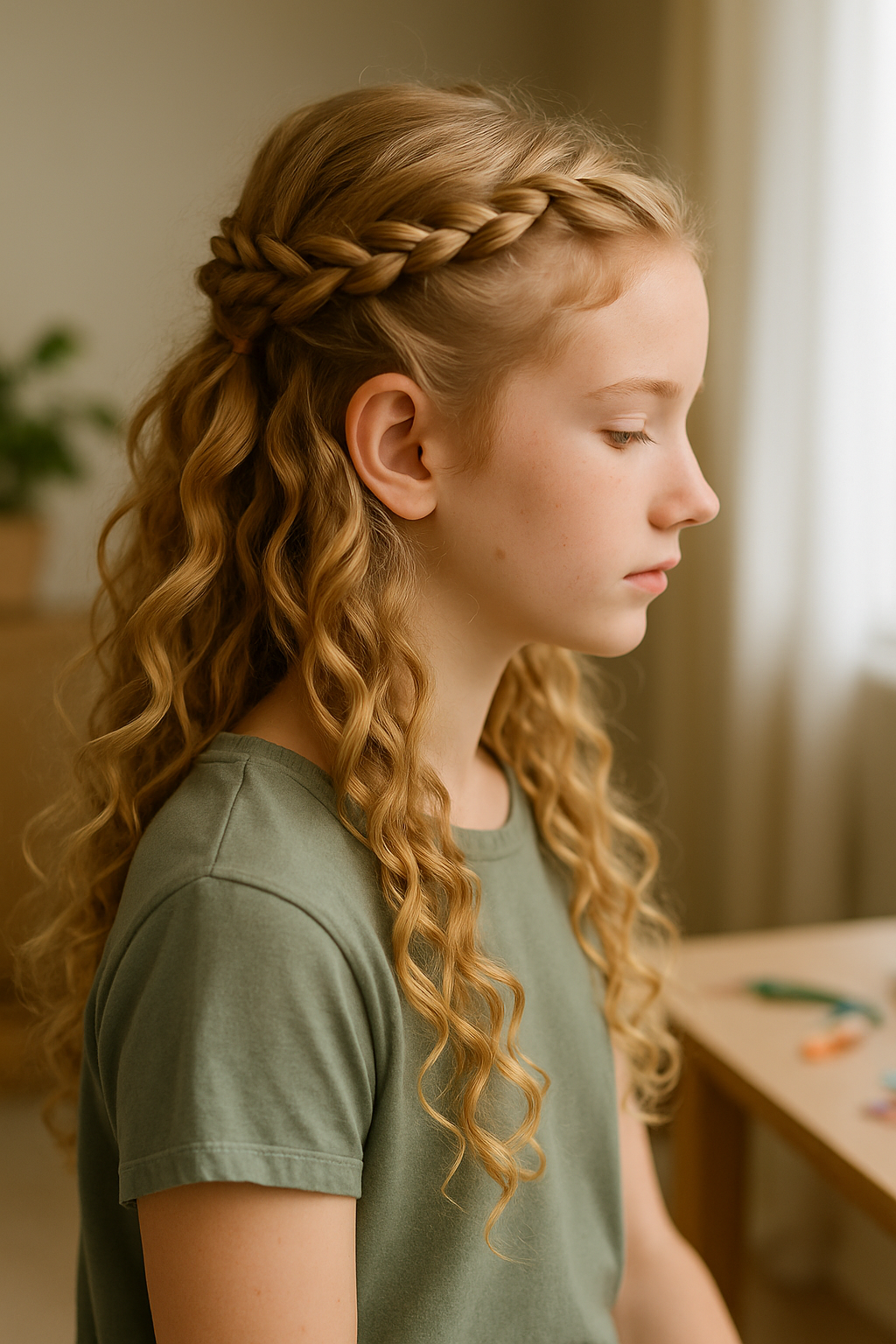 A young girl with curly hair styled in a half-up, half-down look with braids and a simple green shirt.