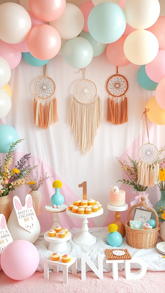 A boho-themed photo booth with dreamcatchers, pastel balloons, and a dessert table for a baby shower.